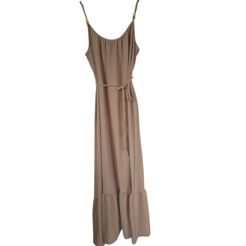 AZ Cottage Boho Flowy Maxi Dress Beaded Straps Tiered Ruffle Taupe S/M - Picture 3 of 15